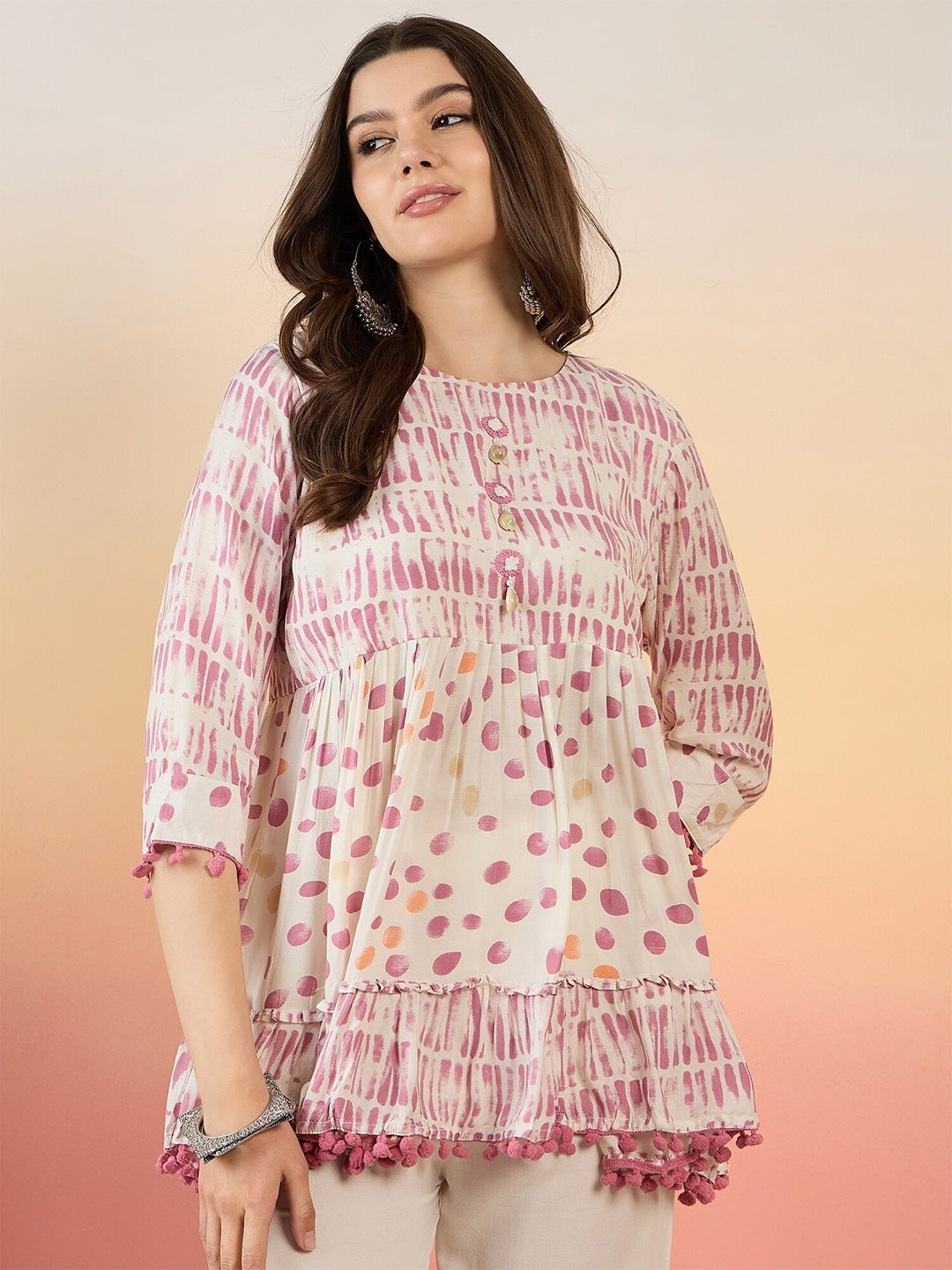 Polka Dot Printed Pure Cotton Pleated Anarkali Kurti - Kurtis for Women