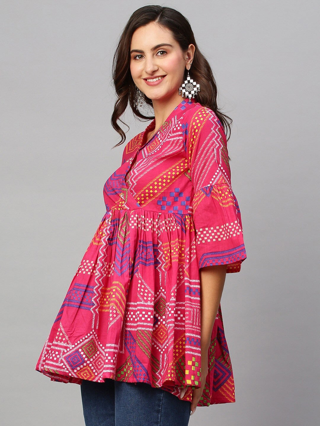 Bandhani Printed V-Neck Pure Cotton Angrakha Anarkali Short Kurti