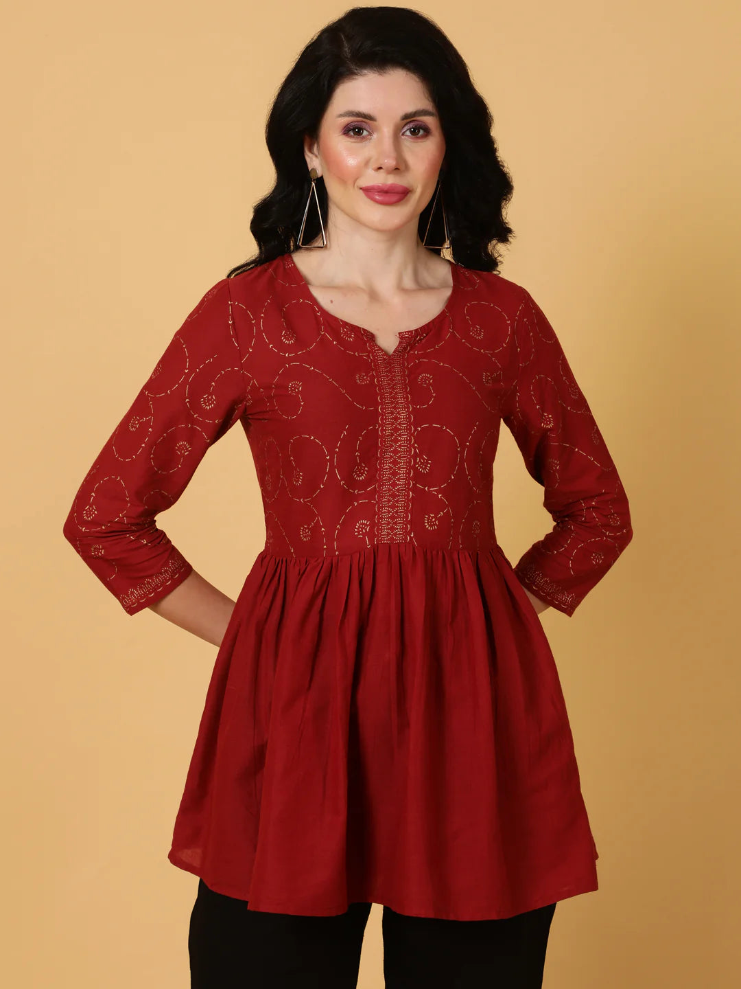 Cotton Midi Length Printed Flared 3/4 Sleeves Round Top