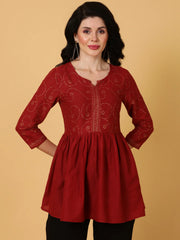 Cotton Midi Length Printed Flared 3/4 Sleeves Round Top
