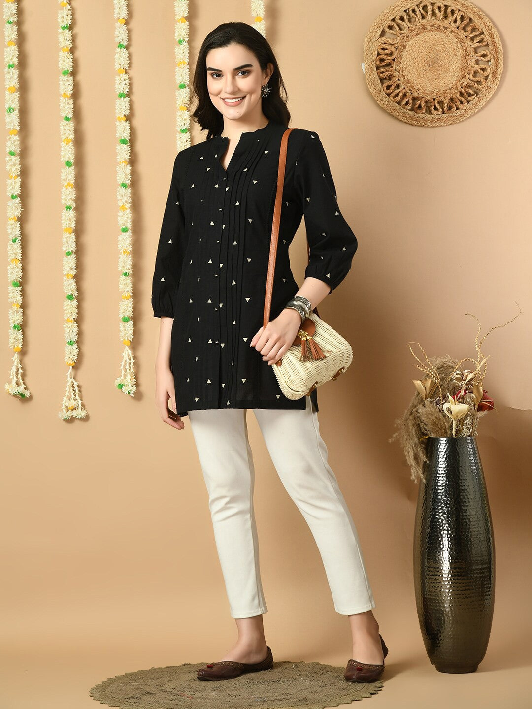 Geometric Printed Mandarin Collar Cotton Tunic