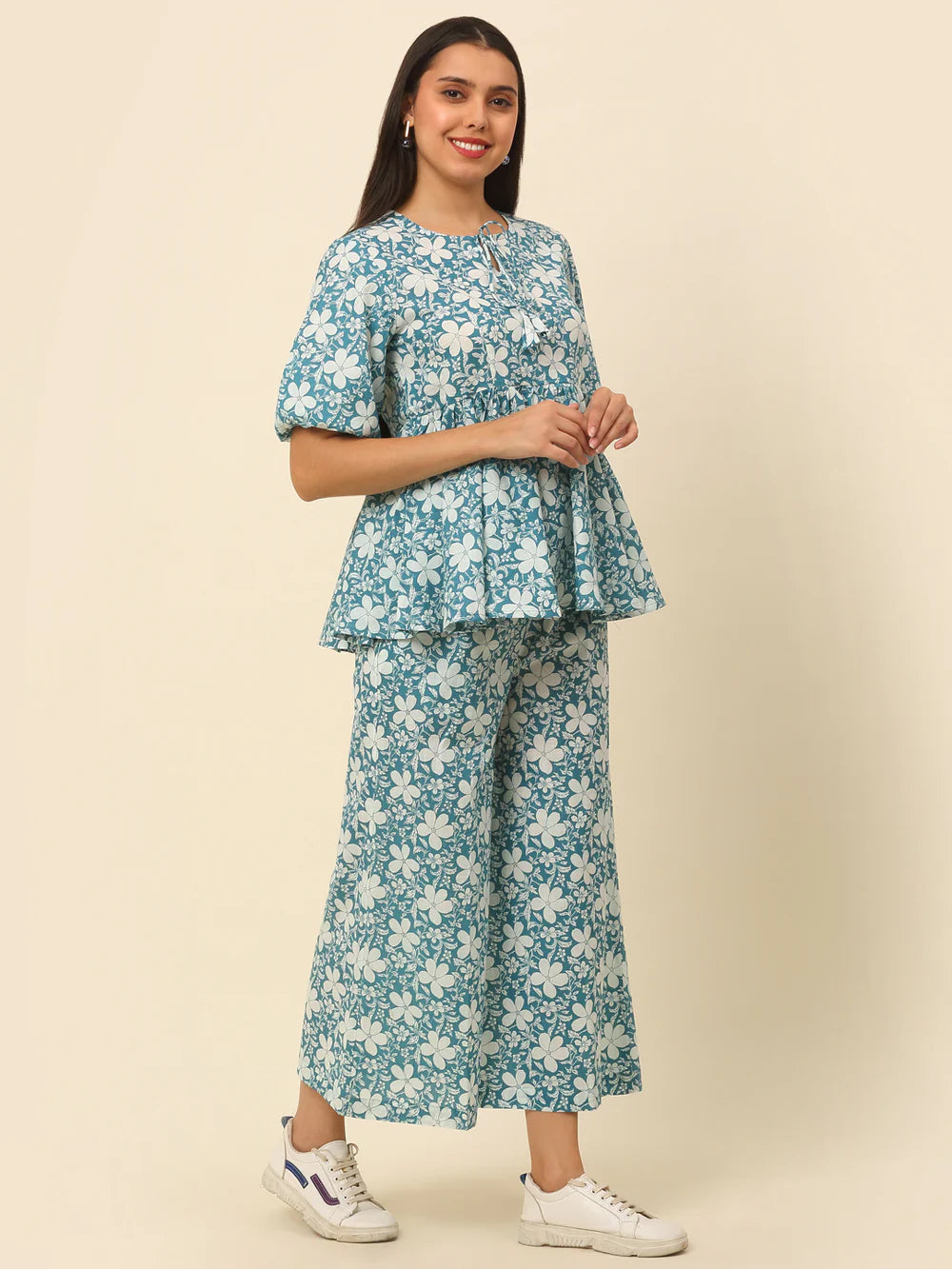 Women Blue and White Printed Gather Details CO-ord Set