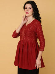 Cotton Midi Length Printed Flared 3/4 Sleeves Round Top