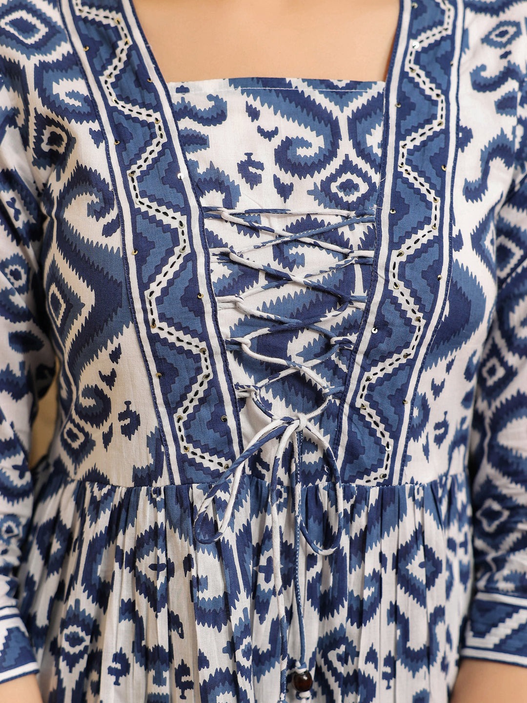 Women Blue Ikat Printed Pure Cotton A-line Tops