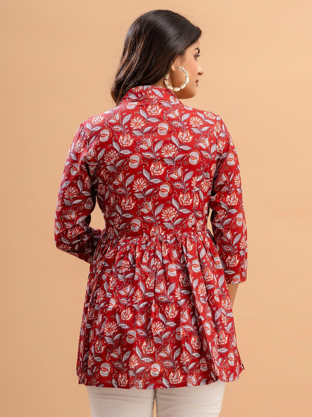Floral Printed Shirt Collar Pure Cotton Pleated Kurti
