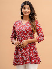 Floral Printed V-Neck Pure Cotton A-Line Kurti