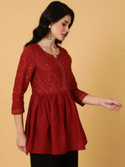 Cotton Midi Length Printed Flared 3/4 Sleeves Round Top