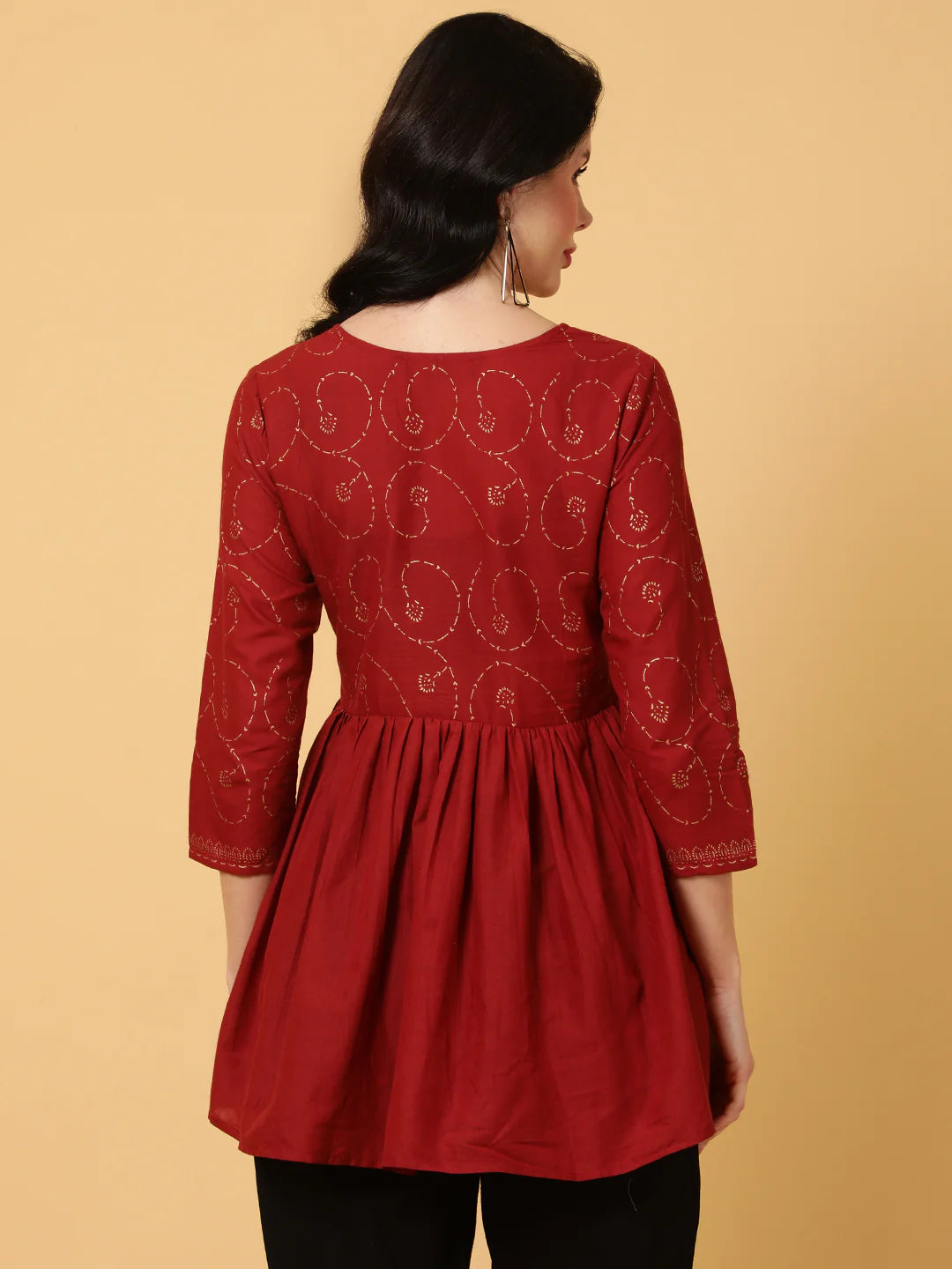 Cotton Midi Length Printed Flared 3/4 Sleeves Round Top