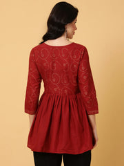 Cotton Midi Length Printed Flared 3/4 Sleeves Round Top