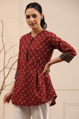 Women Maroon & Black Pure Cotton A line Kurti