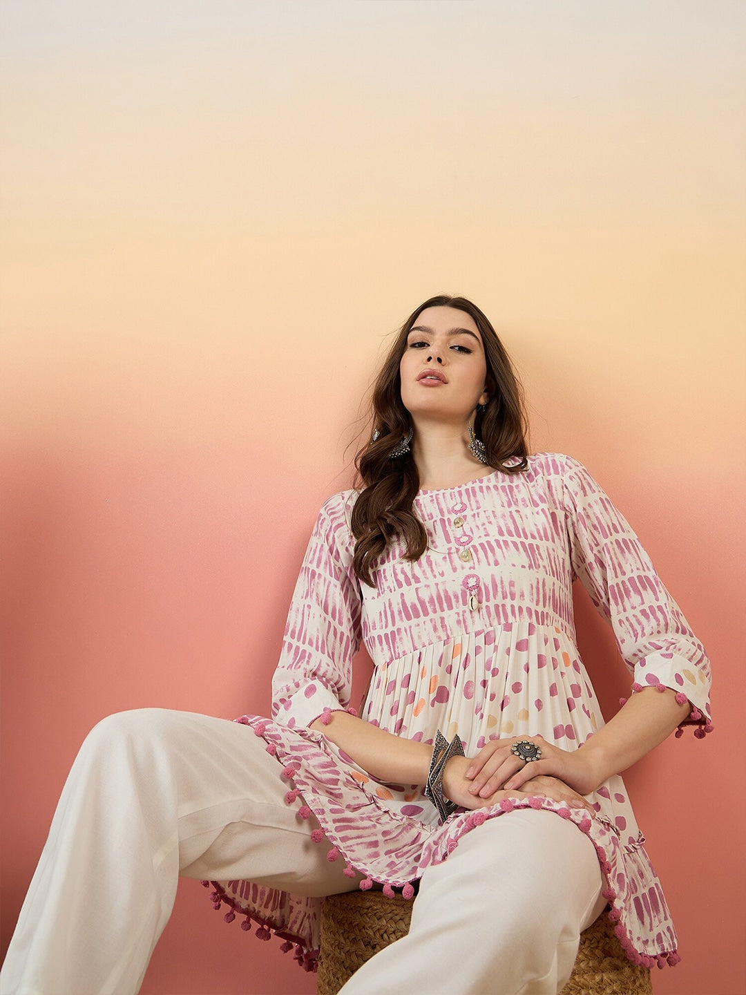 Polka Dot Printed Pure Cotton Pleated Anarkali Kurti - Kurtis for Women
