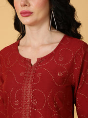 Cotton Midi Length Printed Flared 3/4 Sleeves Round Top