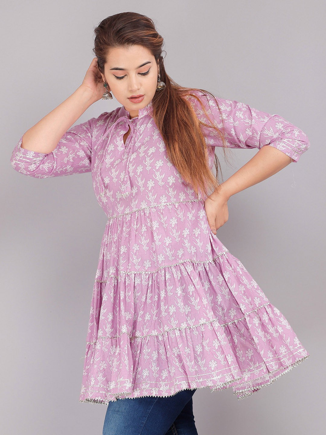 Pink Floral Print Tie-Up Neck Tiered Top