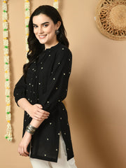 Geometric Printed Mandarin Collar Cotton Tunic