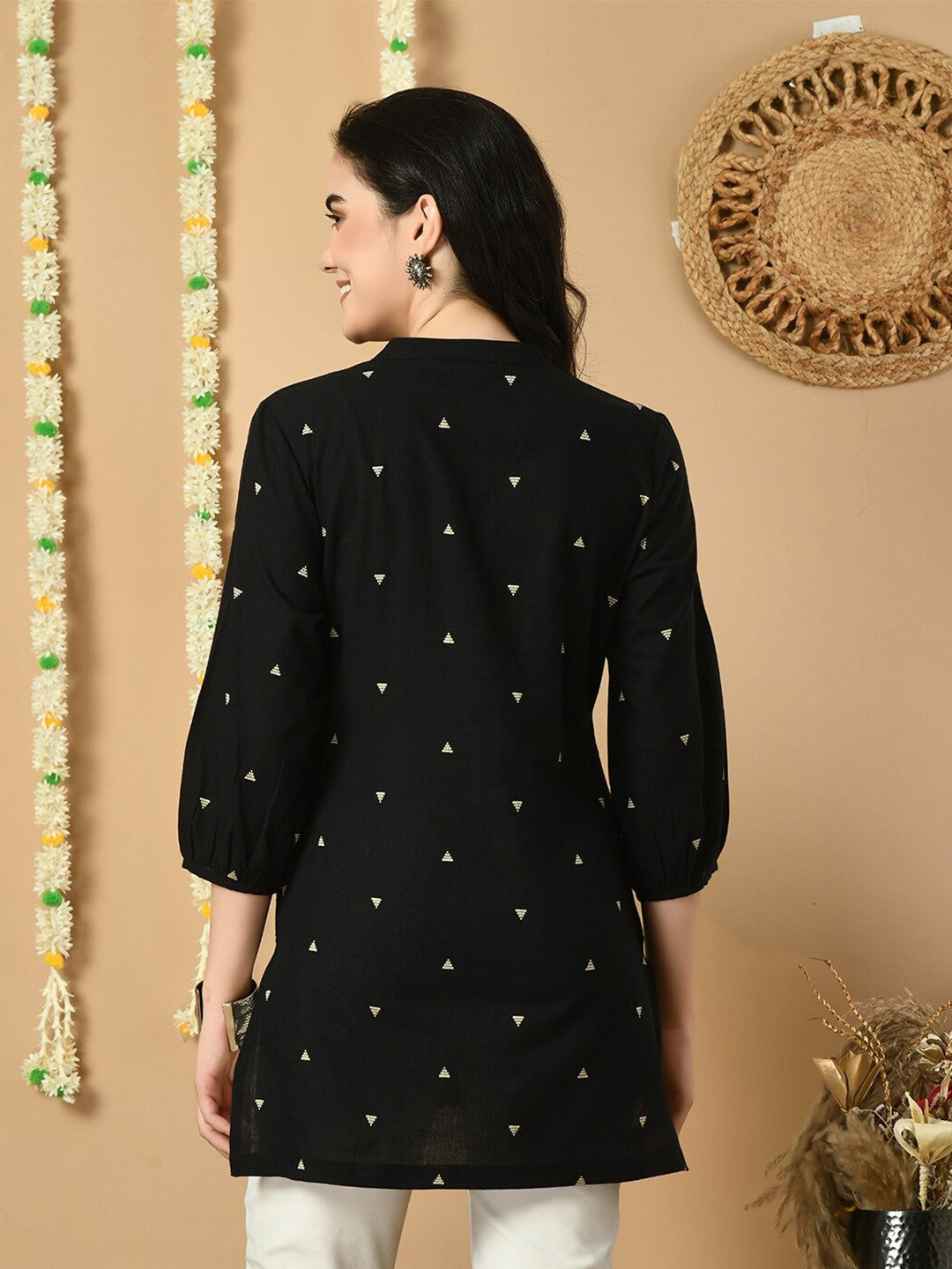 Geometric Printed Mandarin Collar Cotton Tunic