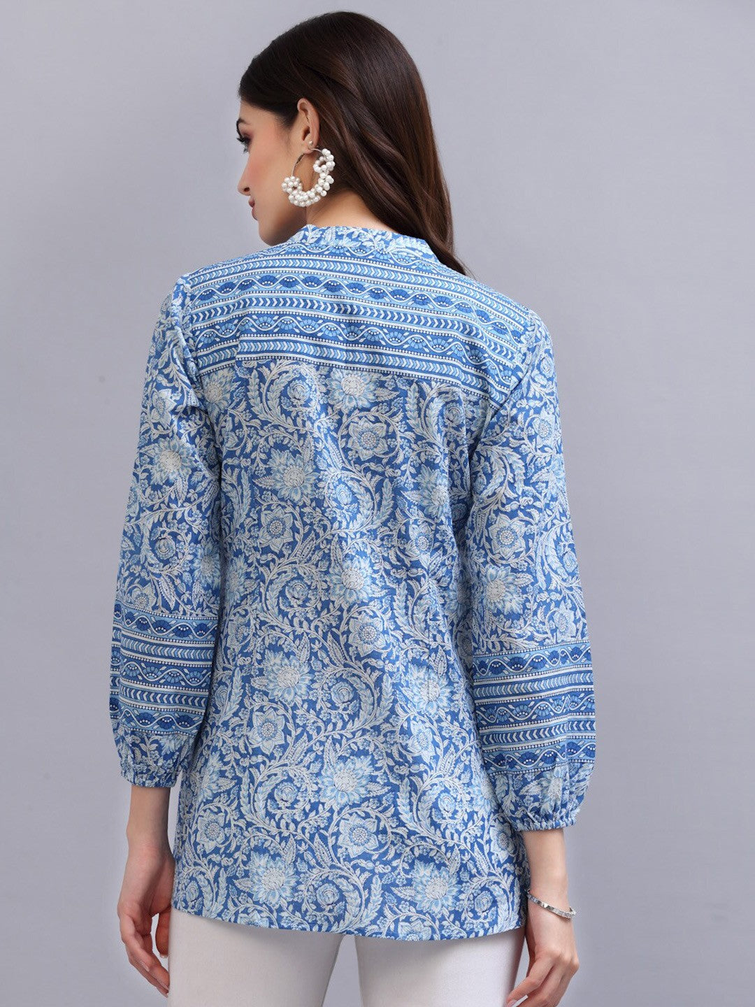 Blue Print Mandarin Collar Empire Pure Cotton Longline Top