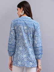 Blue Print Mandarin Collar Empire Pure Cotton Longline Top