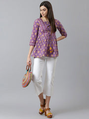Purple Geometric Printed Pure Cotton Empire Top