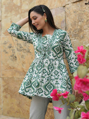 Women Green Ikat Printed Pure Cotton A-line Tops