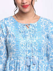 Floral Printed Tie-Up Neck Pleated Sequinned A-Line Cotton Tunic