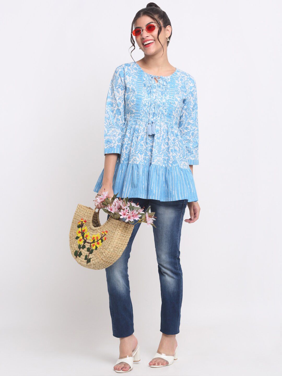 Floral Printed Tie-Up Neck Pleated Sequinned A-Line Cotton Tunic