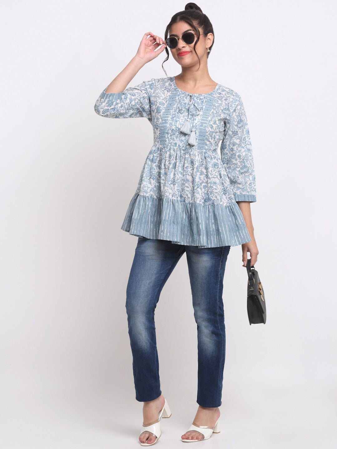 Floral Printed Tie-Up Neck Tie-Up Detail Cotton Tunic