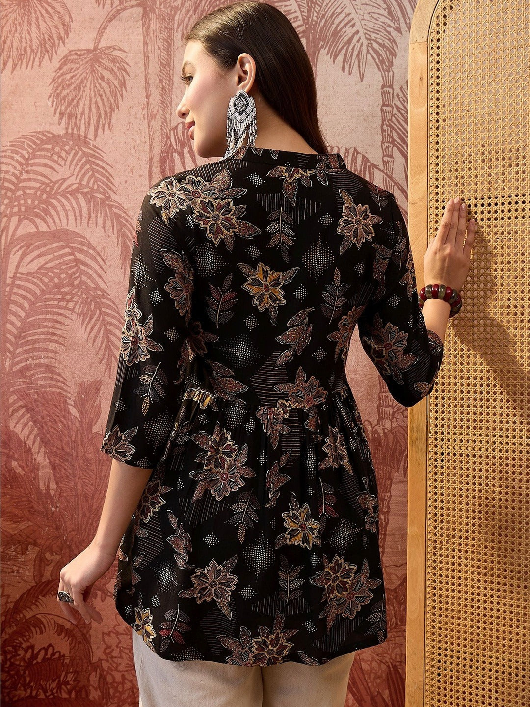 Floral Printed Mandarin Collar A-Line Kurtis