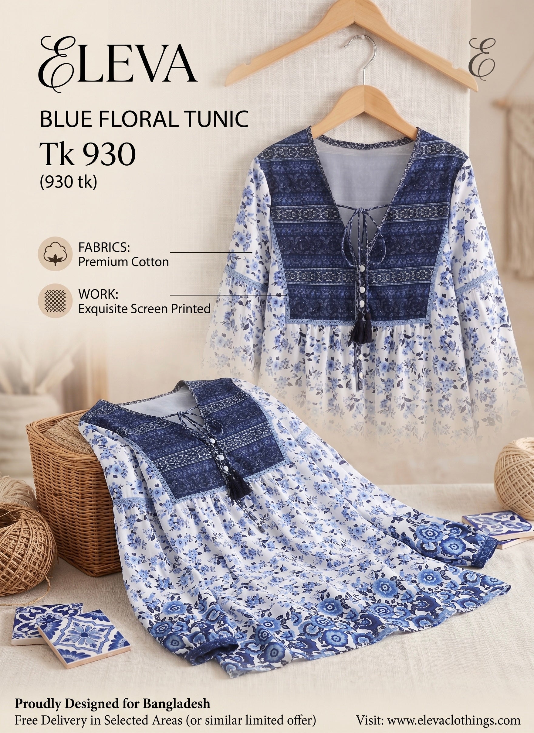 Vintage-Inspired Blue & White Print Tunic