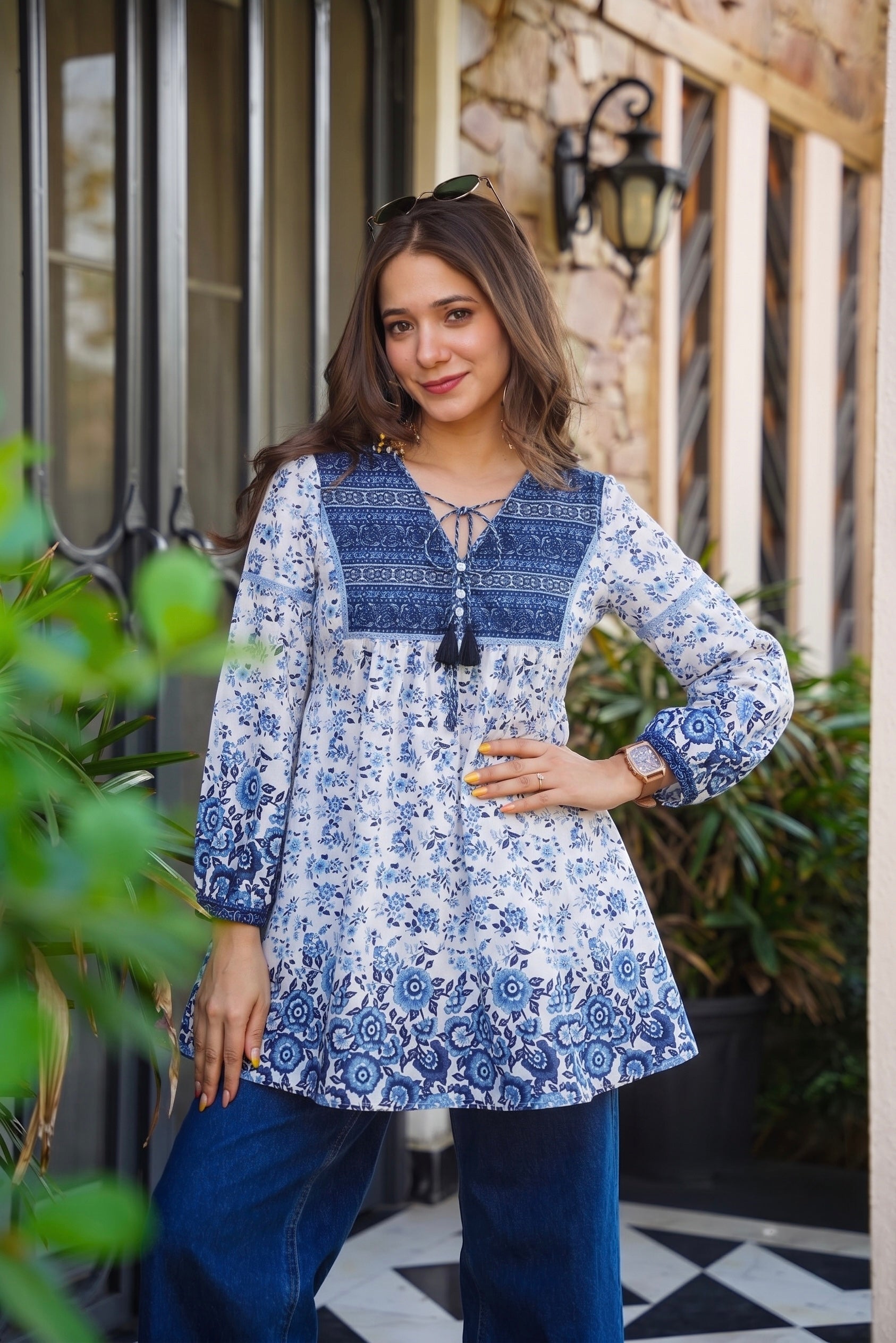 Vintage-Inspired Blue & White Print Tunic