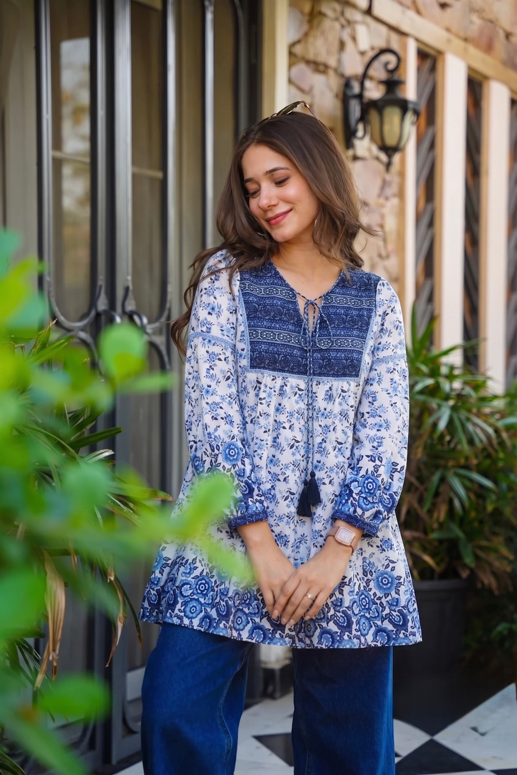 Vintage-Inspired Blue & White Print Tunic
