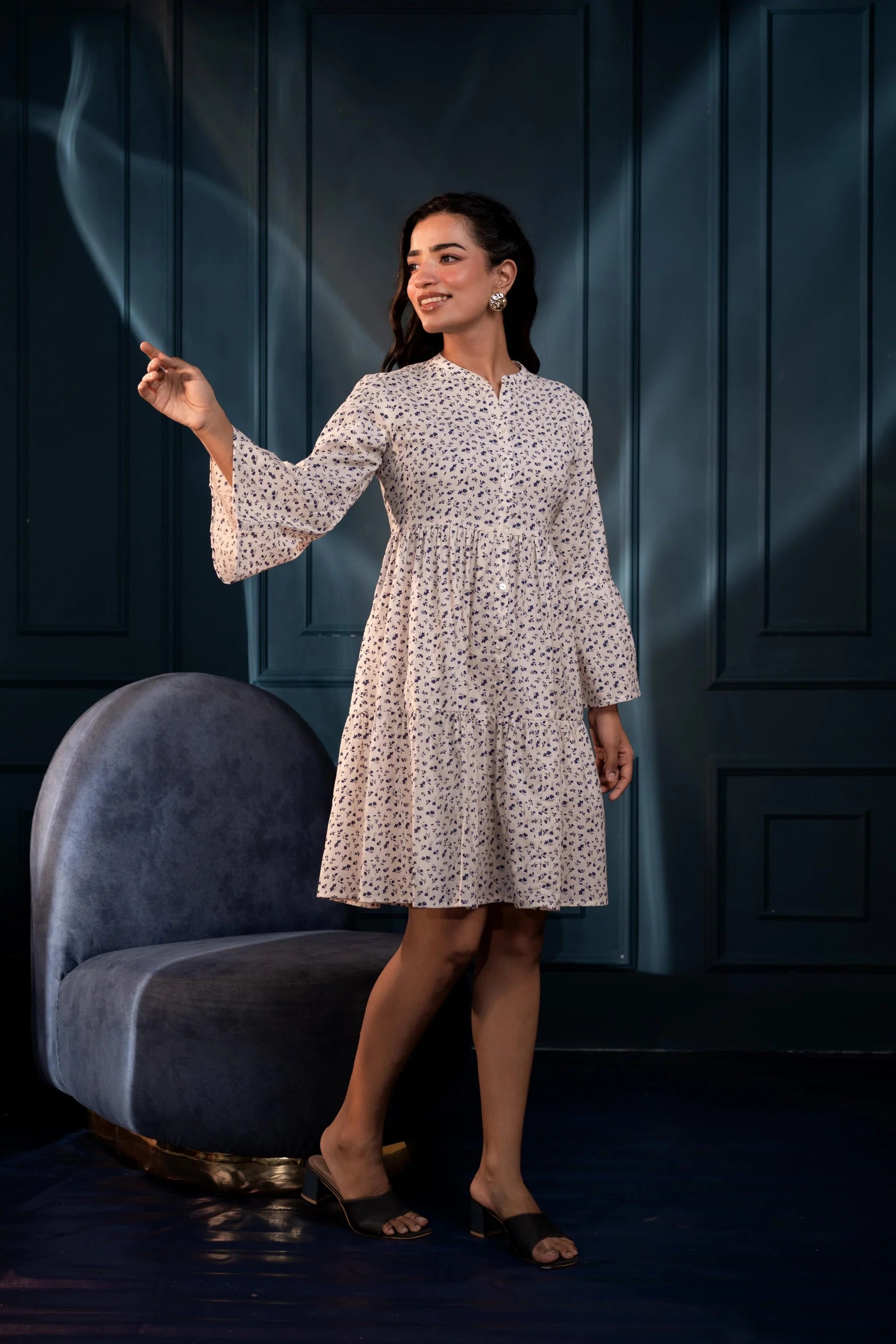 Off-White & Blue Floral Cotton Tiered Dress
