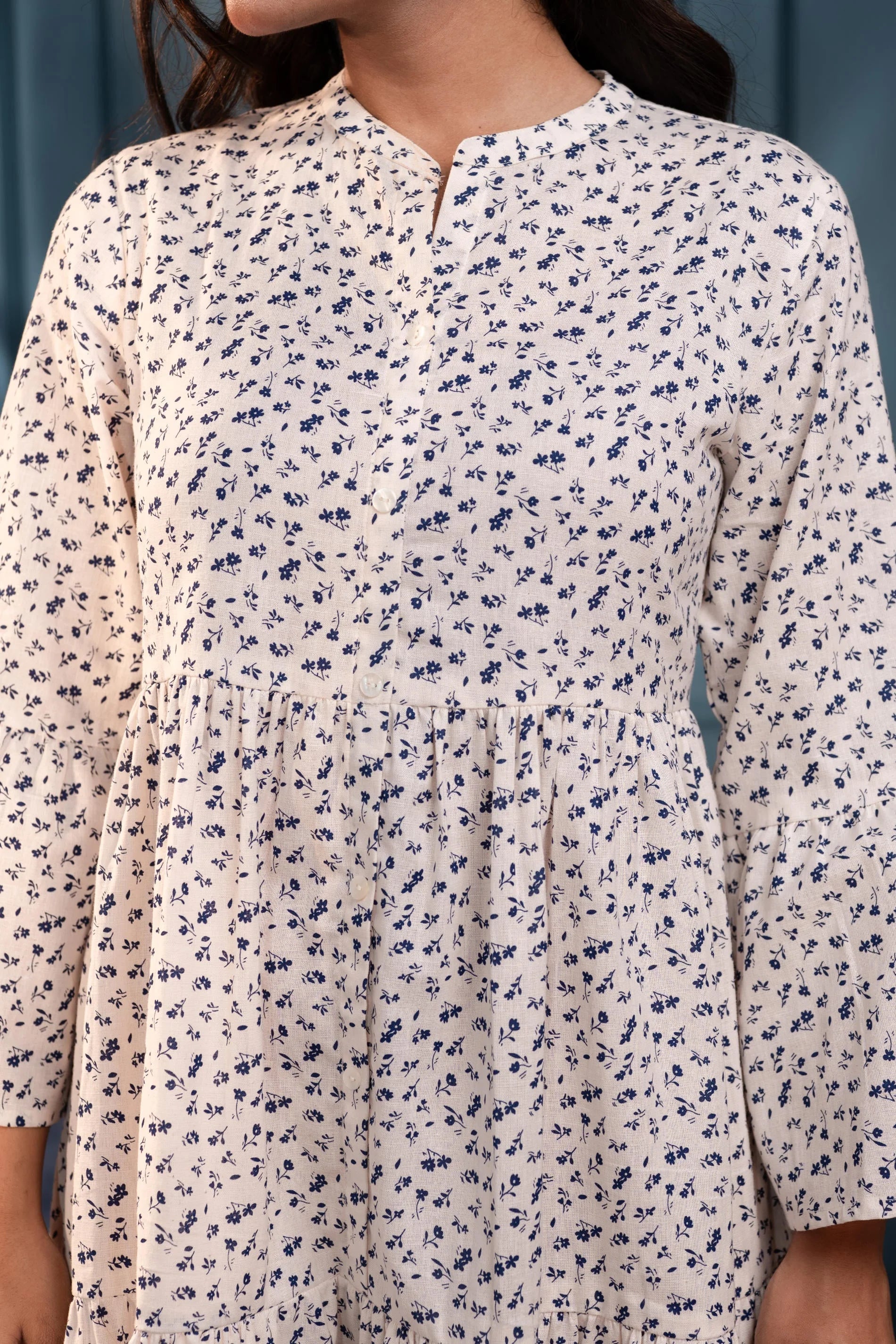 Off-White & Blue Floral Cotton Tiered Dress