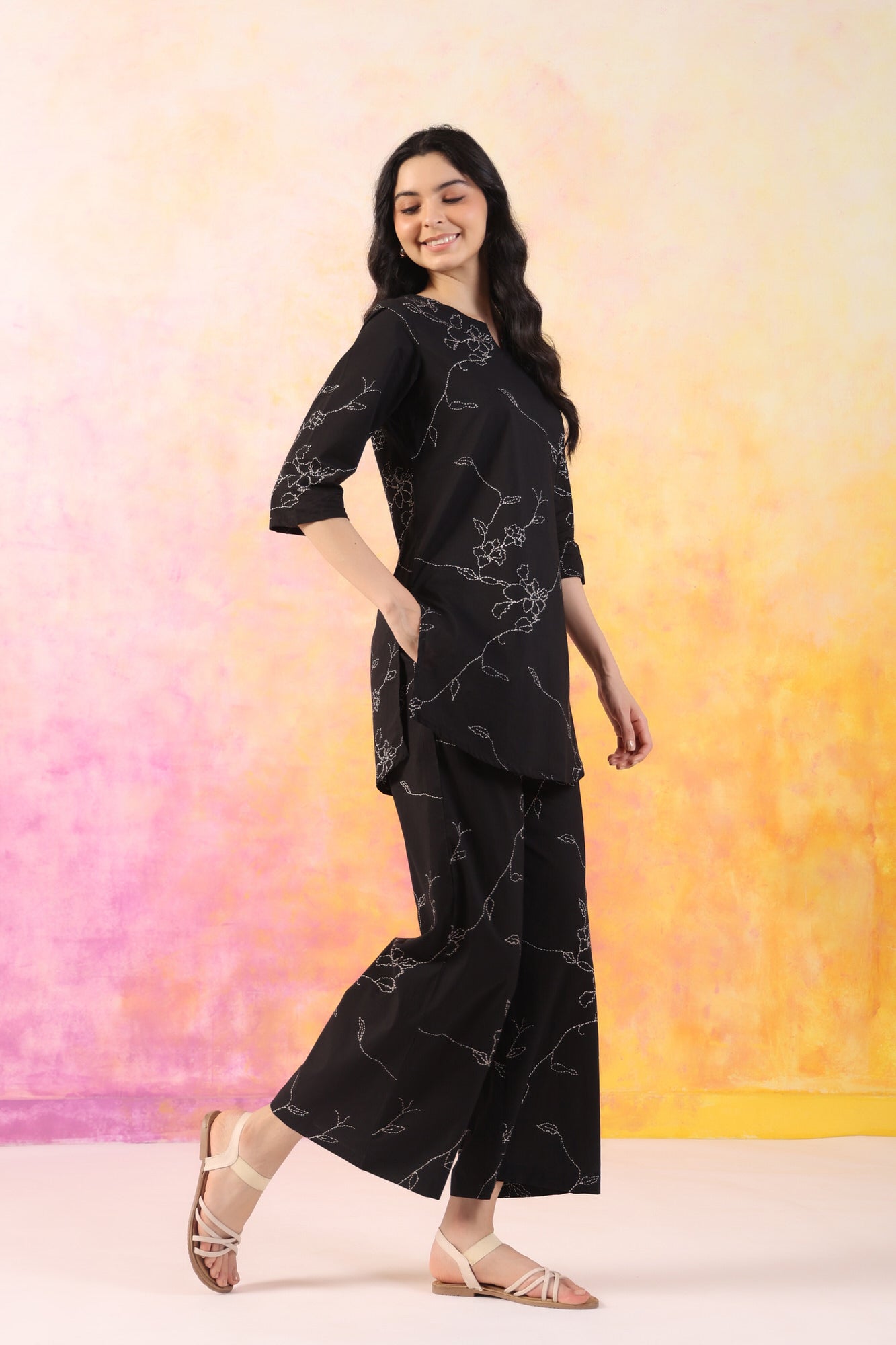 Dot floral black cotton coord set