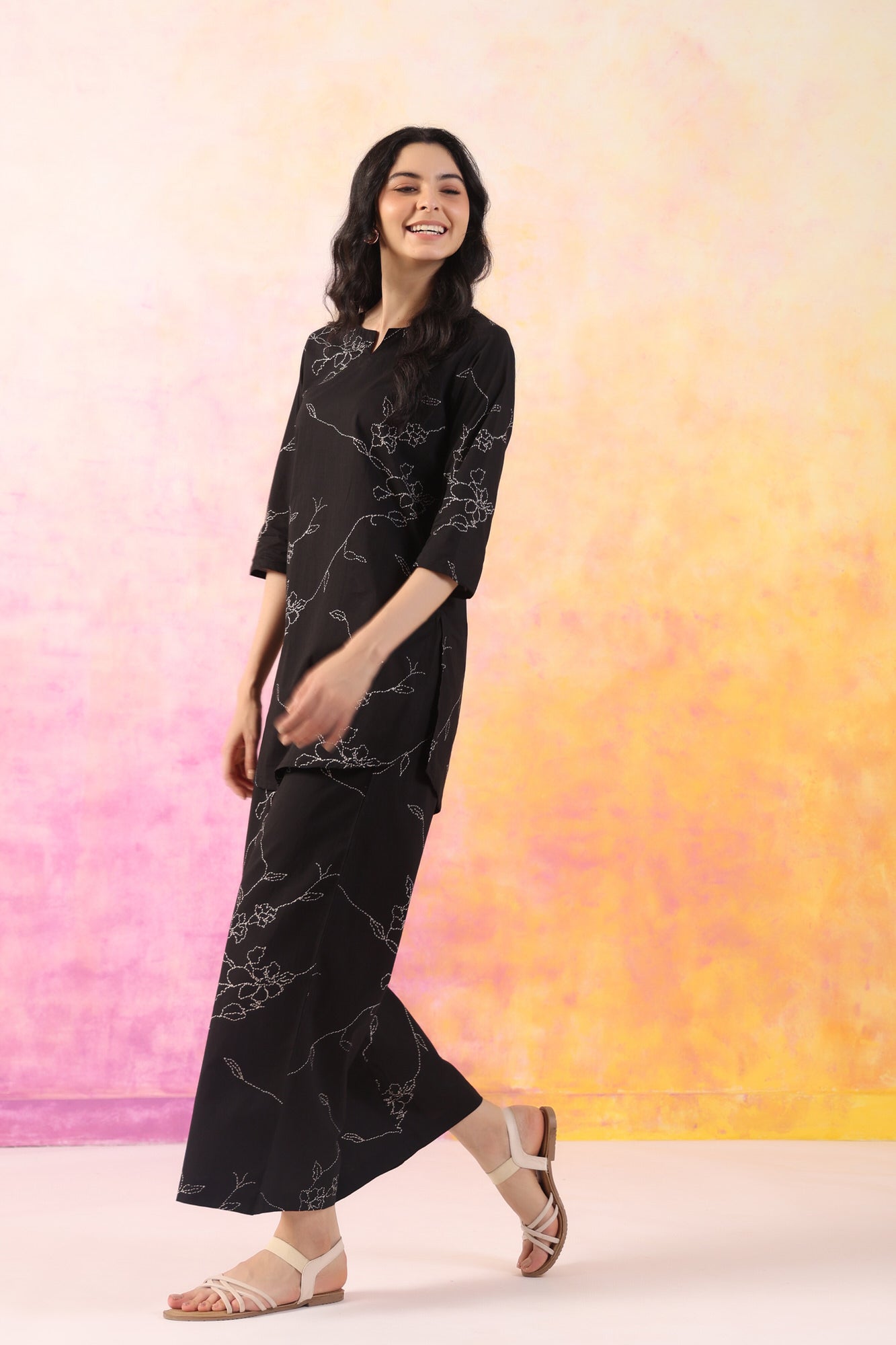 Dot floral black cotton coord set