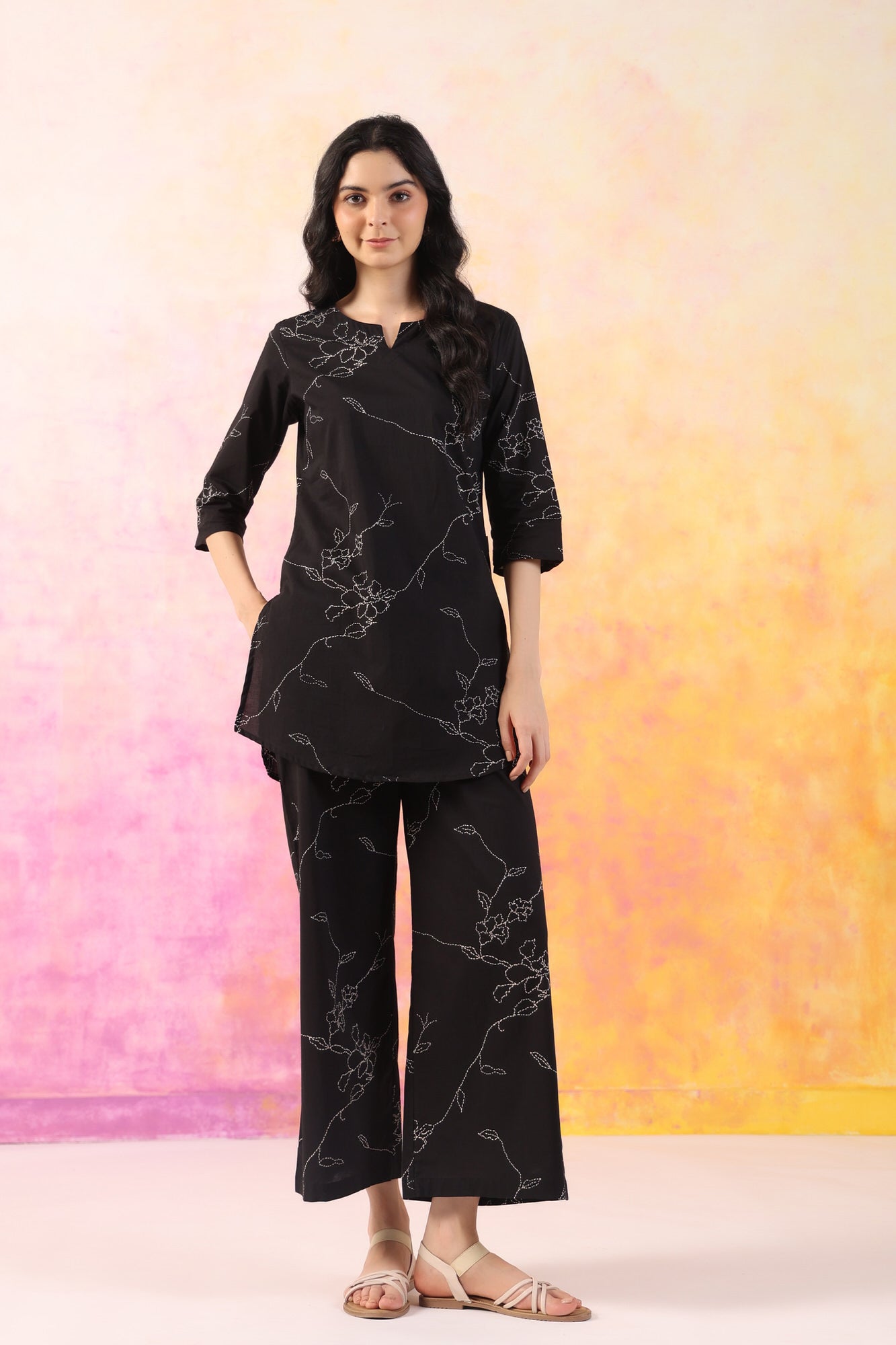 Dot floral black cotton coord set