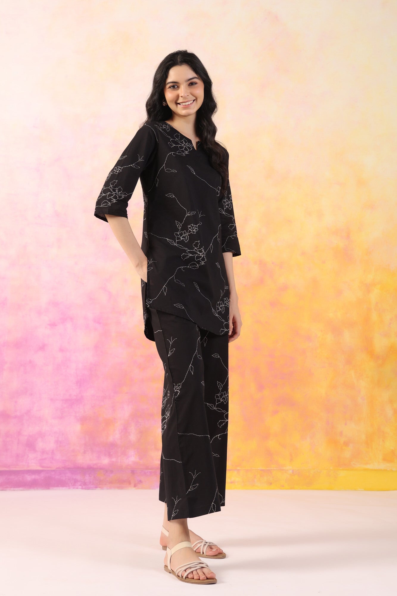 Dot floral black cotton coord set