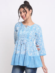 Floral Printed Tie-Up Neck Pleated Sequinned A-Line Cotton Tunic