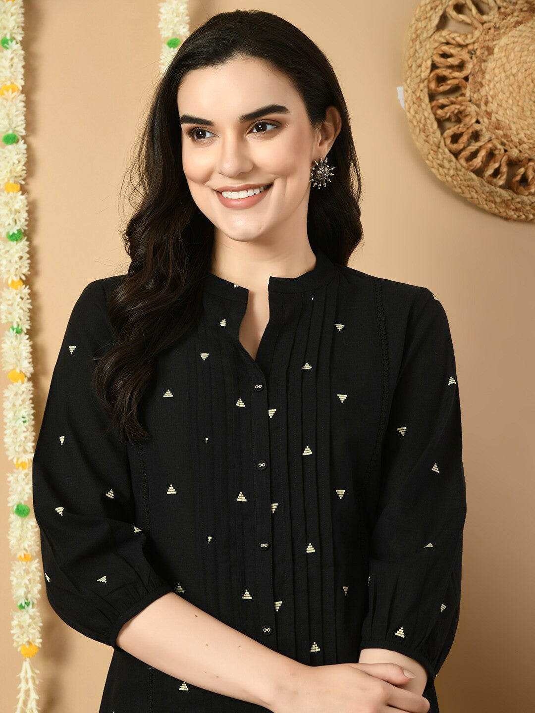 Geometric Printed Mandarin Collar Cotton Tunic