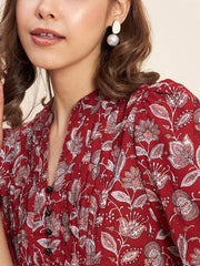 Printed Mandarin Collar Puff Sleeves Gathered Pure Cotton Top