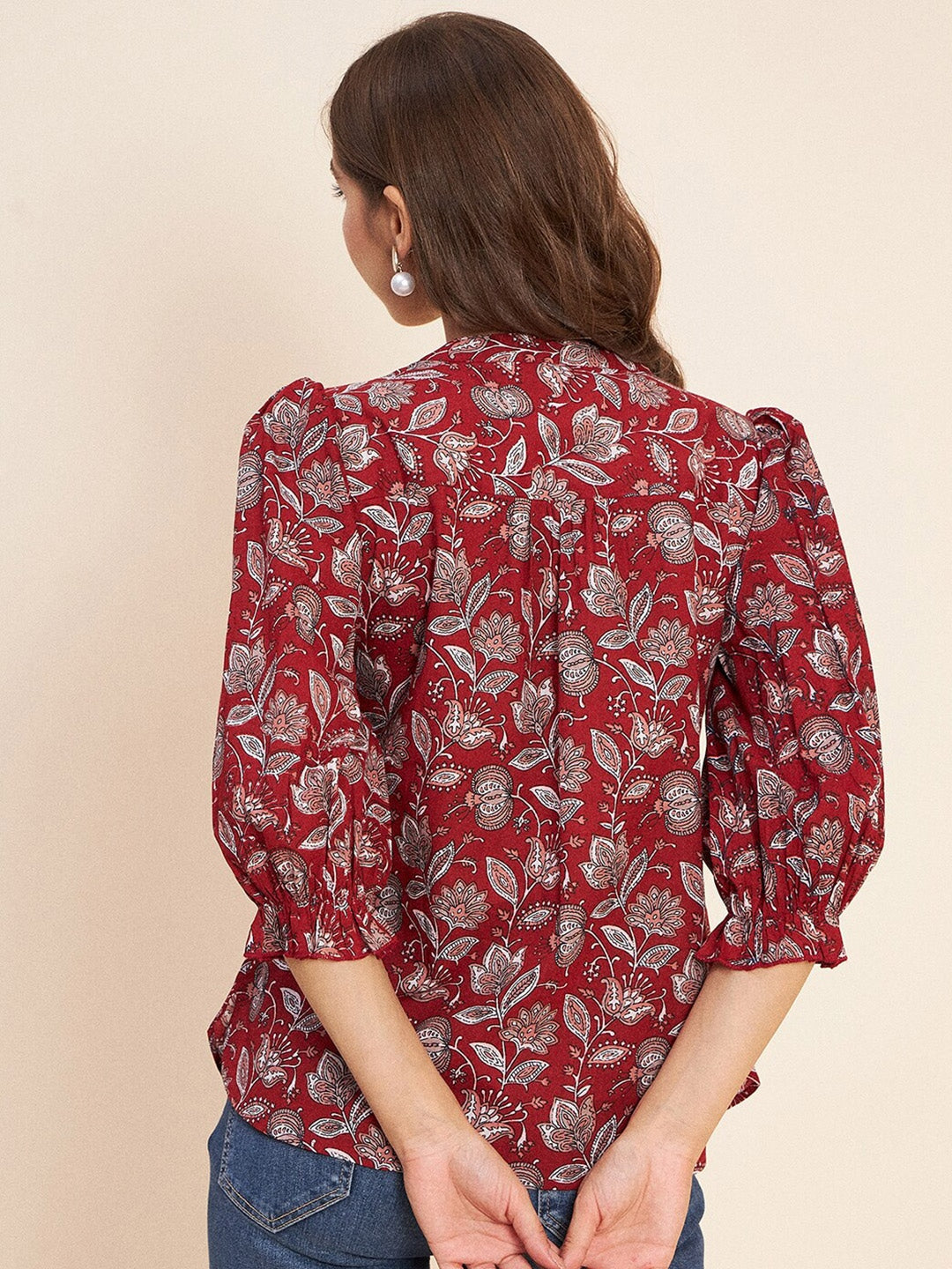Printed Mandarin Collar Puff Sleeves Gathered Pure Cotton Top