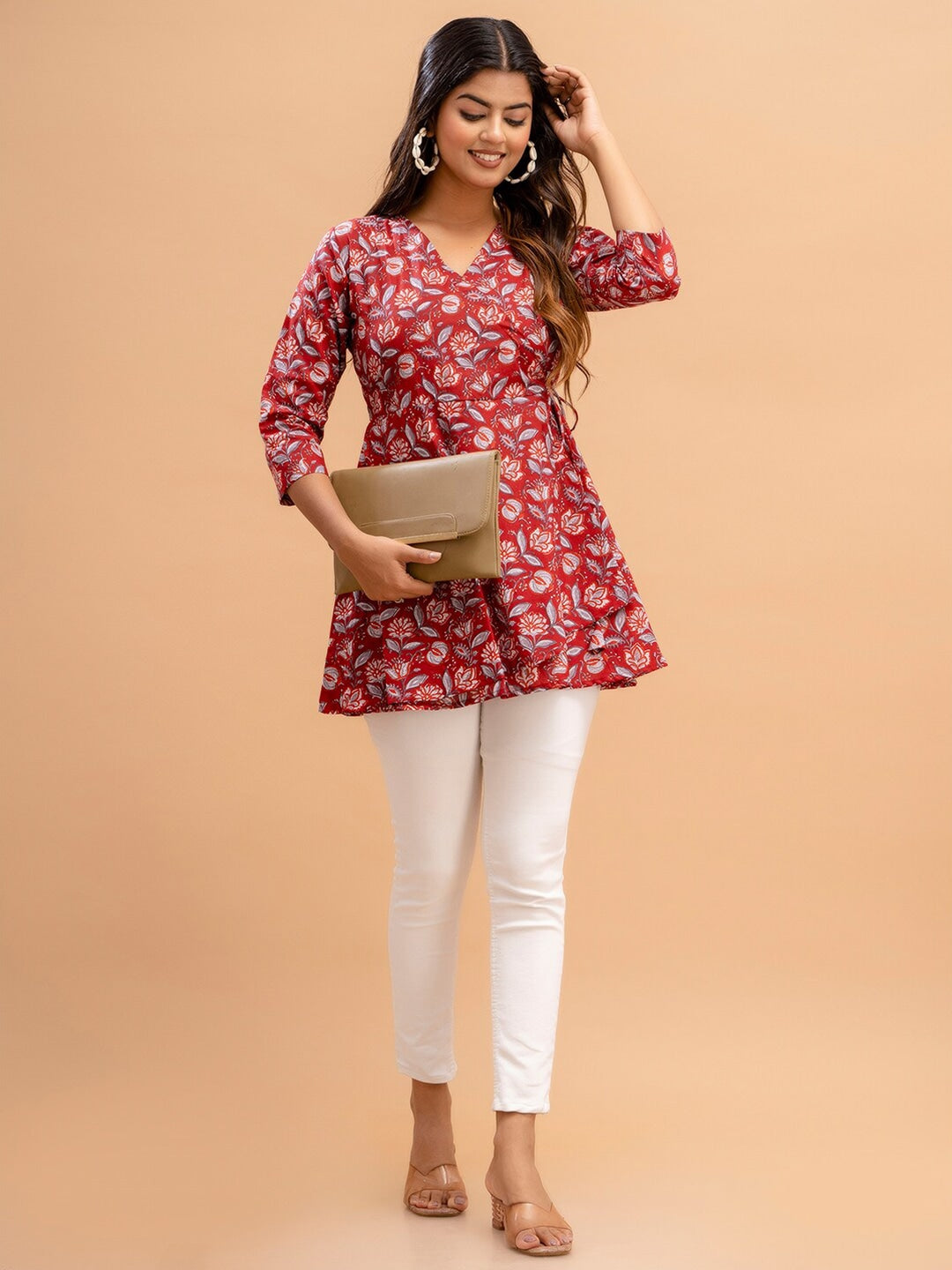 Floral Printed V-Neck Pure Cotton A-Line Kurti