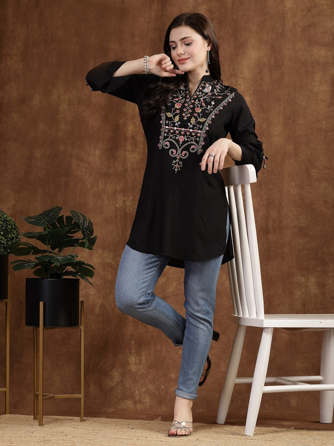 Mandarin Collar Embroidered Tunic