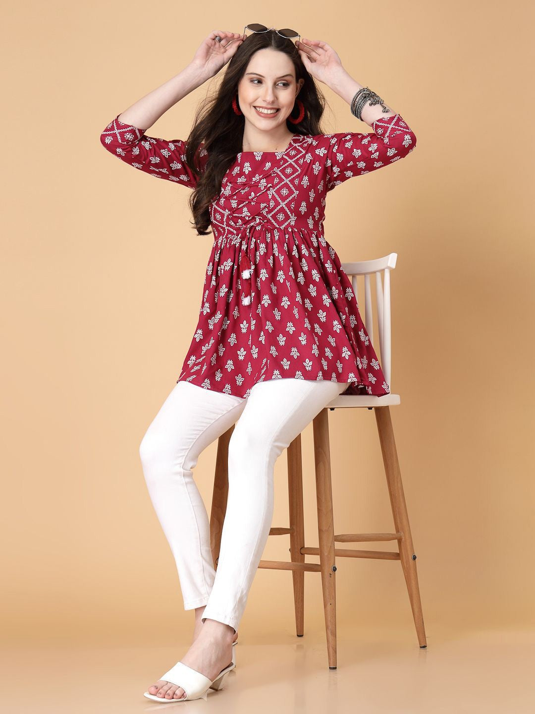 Women Print Cinched Waist Top