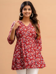 Floral Printed V-Neck Pure Cotton A-Line Kurti