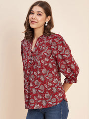 Printed Mandarin Collar Puff Sleeves Gathered Pure Cotton Top