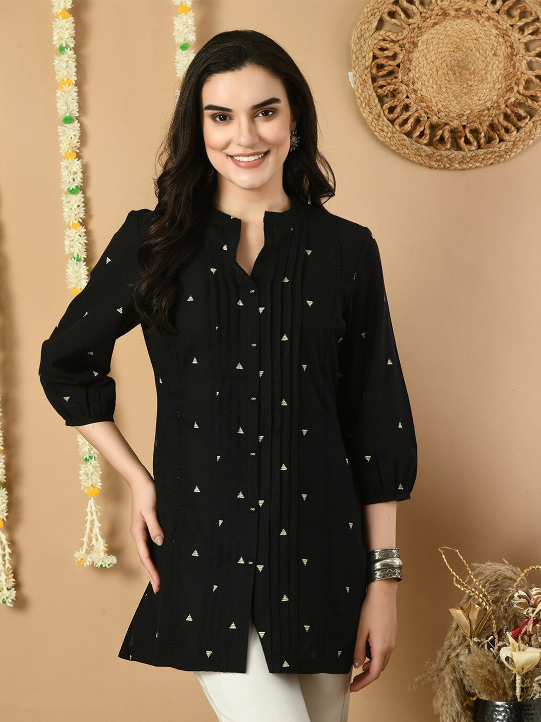 Geometric Printed Mandarin Collar Cotton Tunic