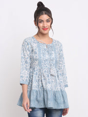 Floral Printed Tie-Up Neck Tie-Up Detail Cotton Tunic