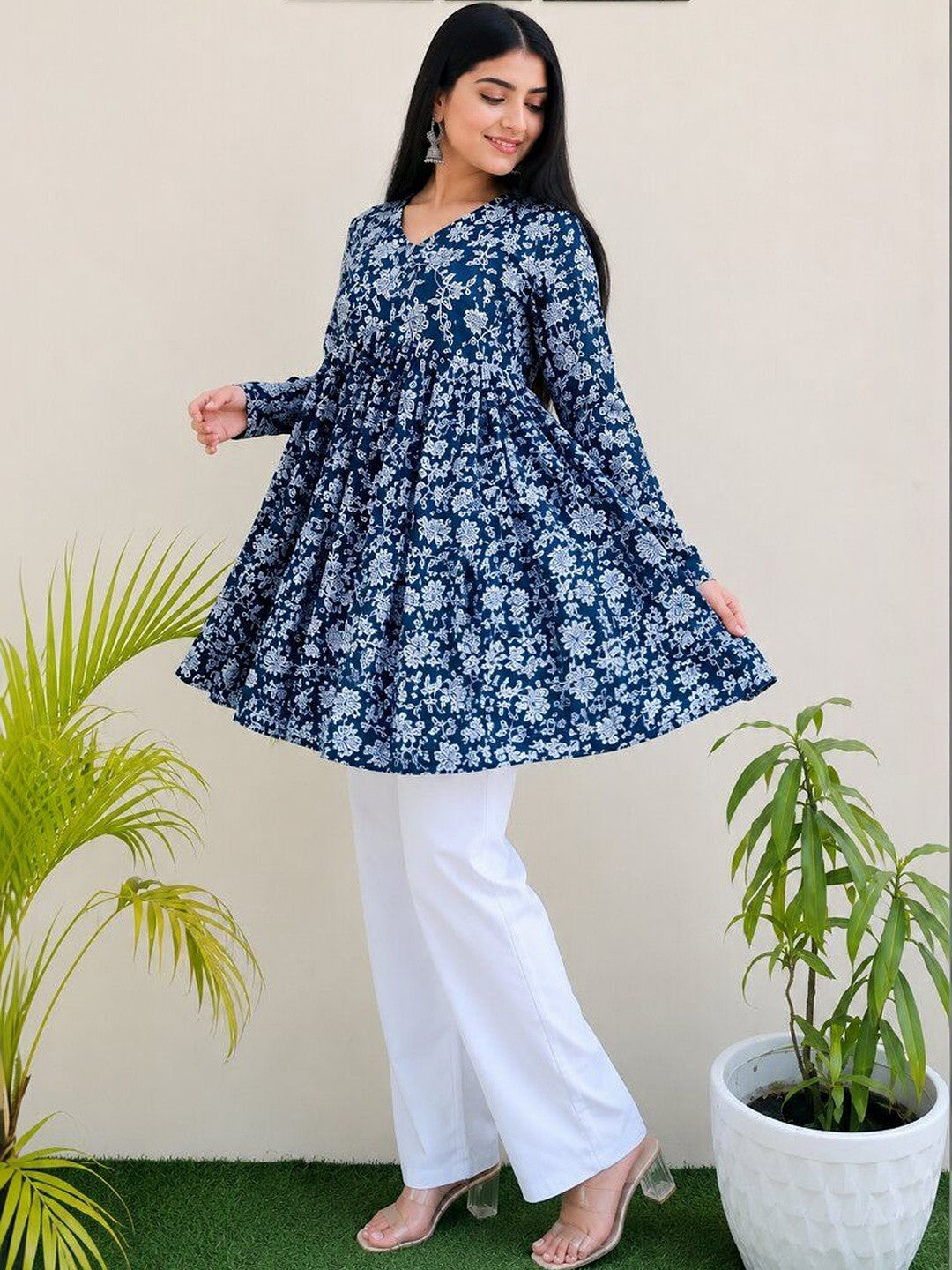 Floral Printed V-Neck Anarkali Kurti