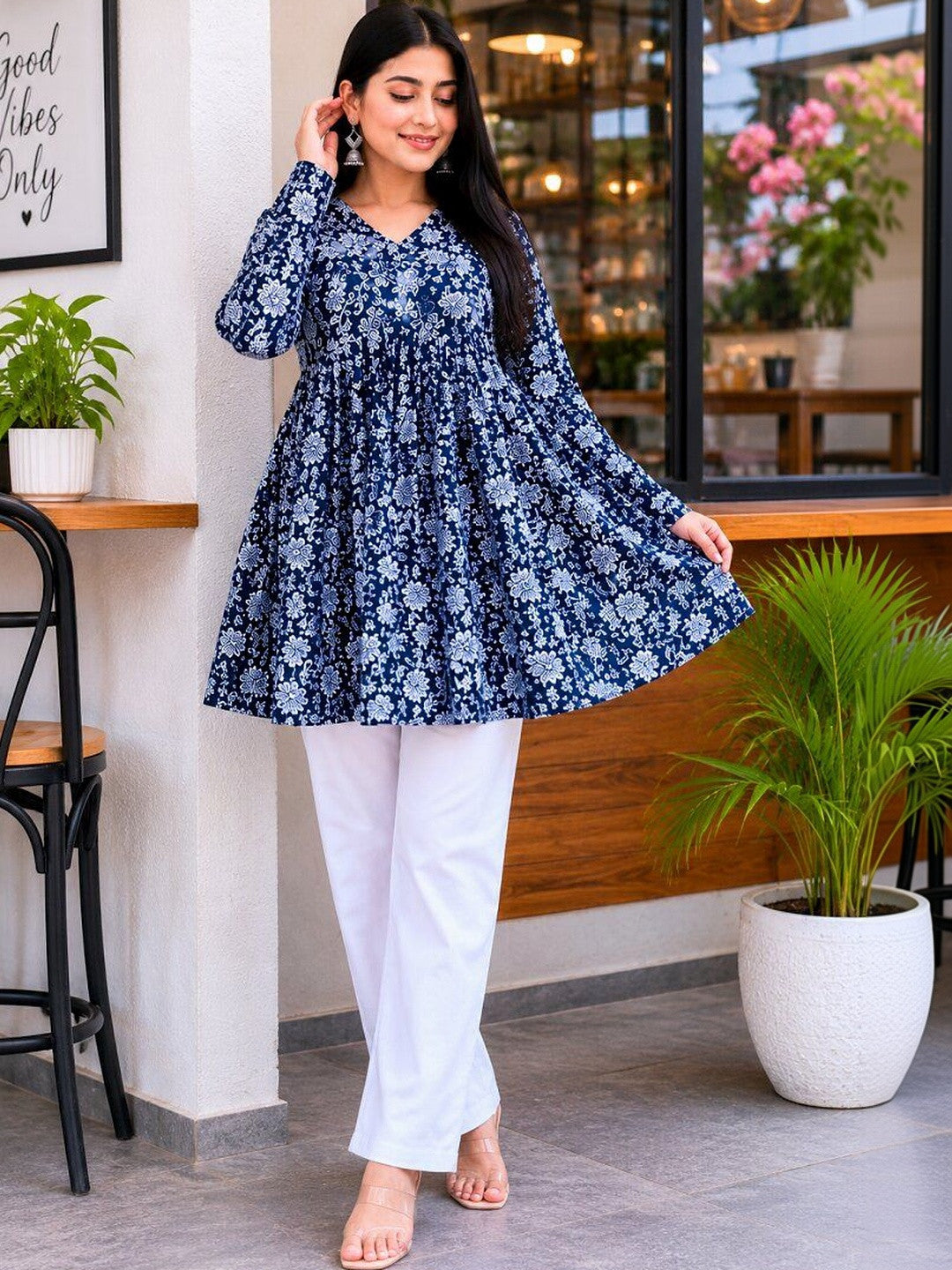 Floral Printed V-Neck Anarkali Kurti