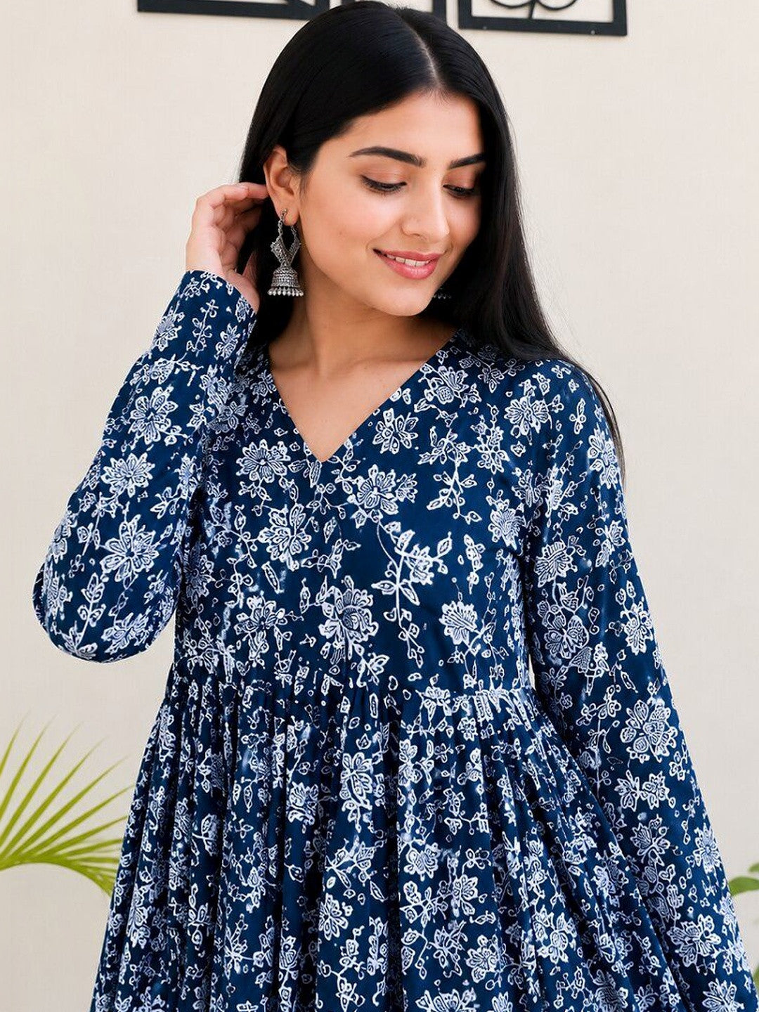 Floral Printed V-Neck Anarkali Kurti